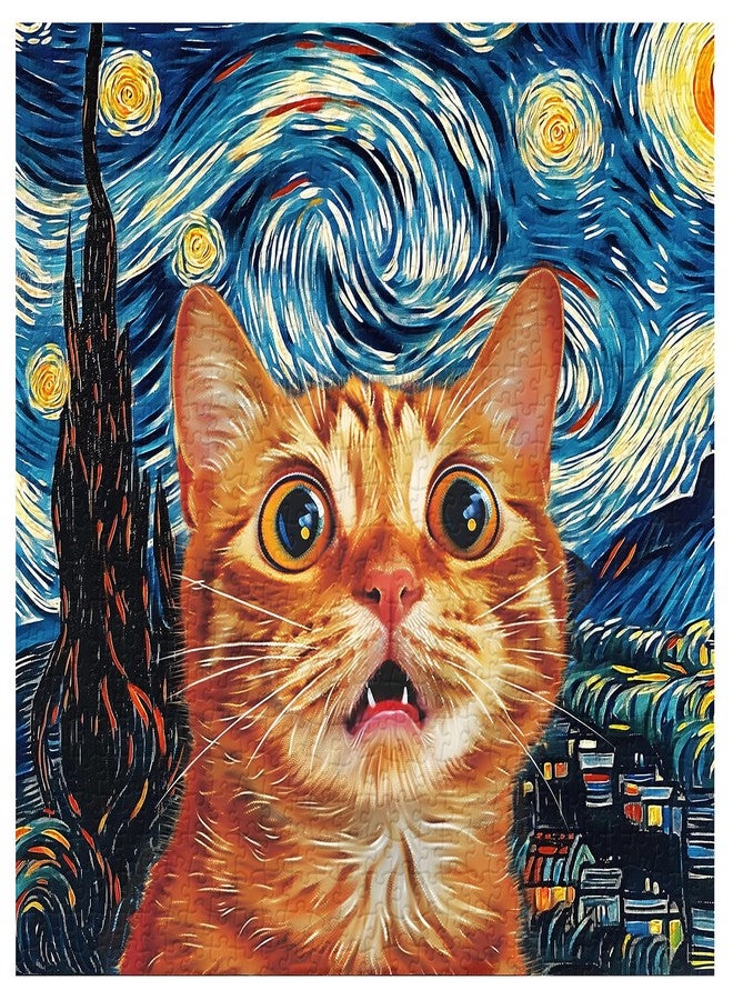 PPuzzling Cat Puzzles for Adults 1000 Pieces, Starry Night Aesthetic Jigsaw Puzzles, Funny Kitten Animal Landscape Scenic Puzzle as Home Decor - Image 2